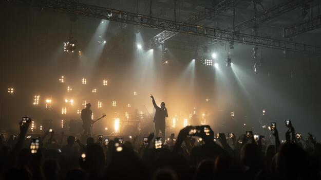 Live band performing on stage with audience hands raised